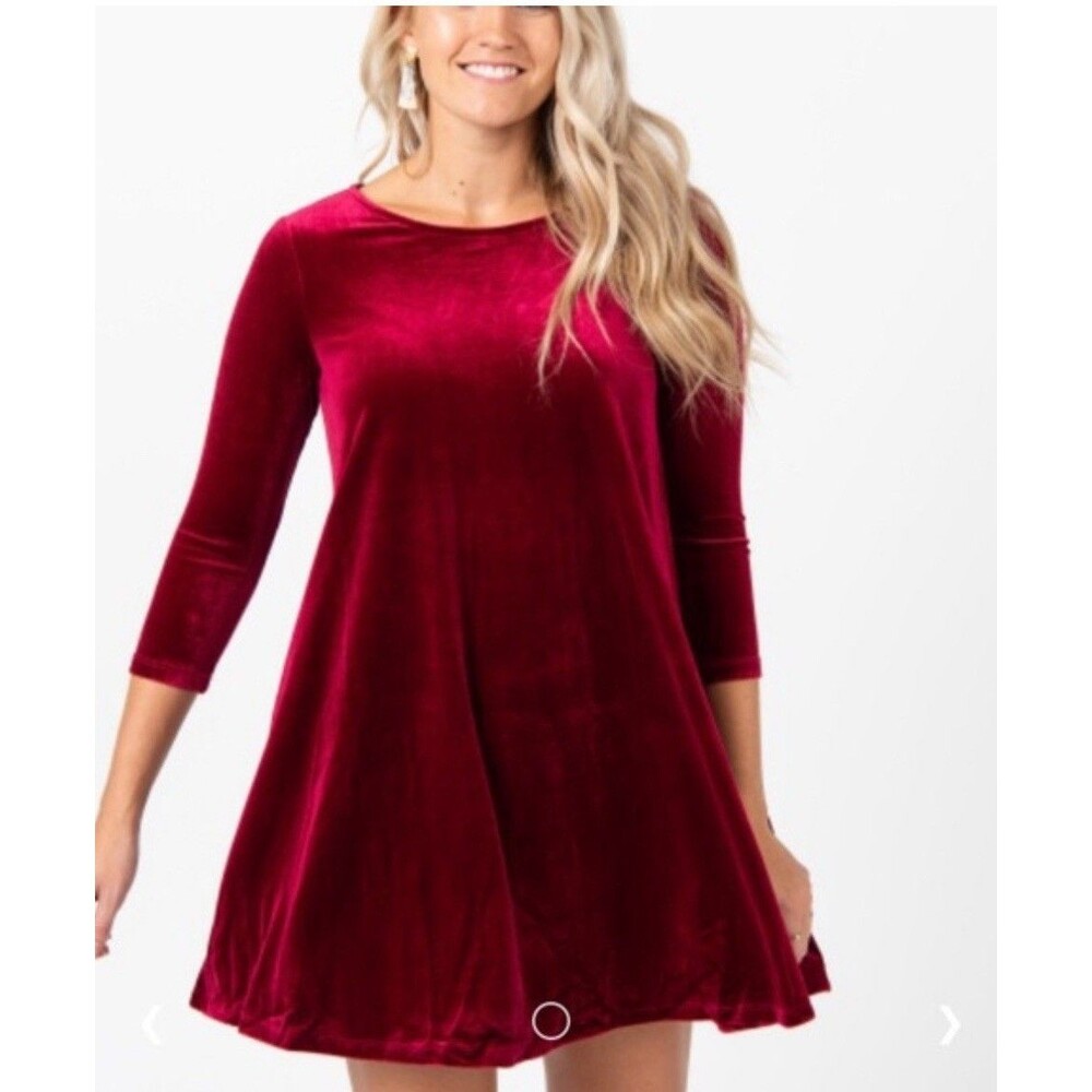 NWT Agnes & Dora 3/4 Sleeve Swing Mini Velvet Dress Deep Red Holiday Party-S